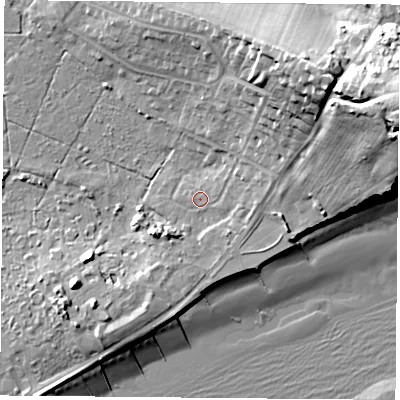 Shaded relief map of the ground around PO368QF, computed from Environment Agency LiDAR. The ground here sits at about 3 m above sea level and falls 31 m across the surrounding 800 m. Surface water reaching this point runs off ground lying to the north-east, 21.5 m higher.