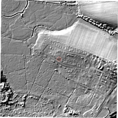 Shaded relief map of the ground around PO368QJ, computed from Environment Agency LiDAR. The ground here sits at about 5 m above sea level and falls 23 m across the surrounding 800 m. Surface water reaching this point runs off ground lying to the north-east, 4.8 m higher.