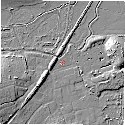 Shaded relief map of the ground around PO369AL, computed from Environment Agency LiDAR. The ground here sits at about 2 m above sea level and falls 21 m across the surrounding 800 m. Surface water reaching this point runs off ground lying to the west-south-west, 5.4 m higher.