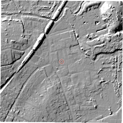 Shaded relief map of the ground around PO369AS, computed from Environment Agency LiDAR. The ground here sits at about 2 m above sea level and falls 27 m across the surrounding 800 m. Surface water reaching this point runs off ground lying to the south-west, 23.7 m higher.