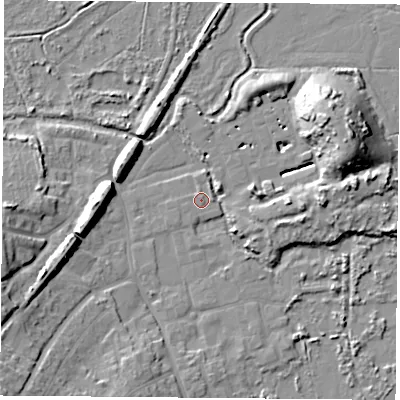 Shaded relief map of the ground around PO369AX, computed from Environment Agency LiDAR. The ground here sits at about 2 m above sea level and falls 19 m across the surrounding 800 m. The ground contributing surface water to this point lies to the north-north-east.