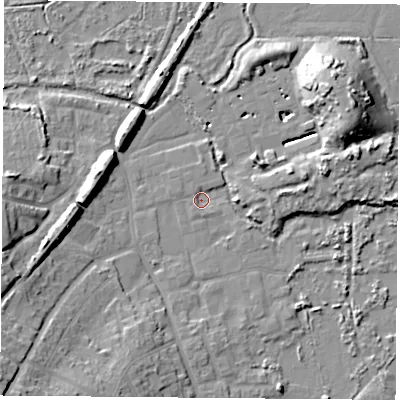 Shaded relief map of the ground around PO369AZ, computed from Environment Agency LiDAR. The ground here sits at about 1 m above sea level and falls 21 m across the surrounding 800 m. Surface water reaching this point runs off ground lying to the south-west, 19.1 m higher.