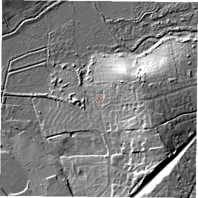 Shaded relief map of the ground around PO369DS, computed from Environment Agency LiDAR. The ground here sits at about 7 m above sea level and falls 26 m across the surrounding 800 m. Surface water reaching this point runs off ground lying to the east-south-east, 16.9 m higher.