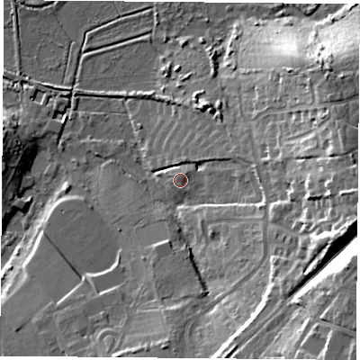 Shaded relief map of the ground around PO369PS, computed from Environment Agency LiDAR. The ground here sits at about 6 m above sea level and falls 27 m across the surrounding 800 m. Surface water reaching this point runs off ground lying to the north-east, 1.0 m higher.