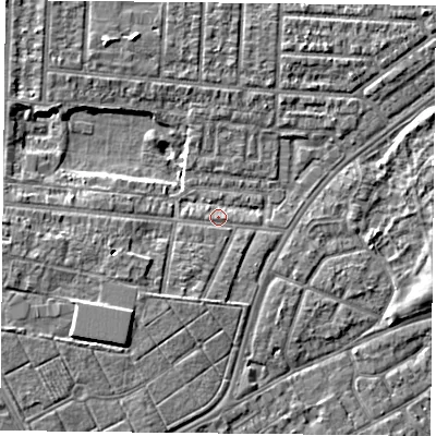 Shaded relief map of the ground around PO36BT, computed from Environment Agency LiDAR. The ground here sits at about 4 m above sea level and falls 6 m across the surrounding 800 m. Surface water reaching this point runs off ground lying to the south-west, 2.1 m higher.