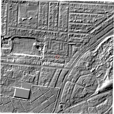 Shaded relief map of the ground around PO36DJ, computed from Environment Agency LiDAR. The ground here sits at about 3 m above sea level and falls 6 m across the surrounding 800 m. Surface water reaching this point runs off ground lying to the north-north-east, 0.7 m higher.
