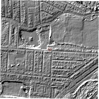 Shaded relief map of the ground around PO36DX, computed from Environment Agency LiDAR. The ground here sits at about 4 m above sea level and falls 5 m across the surrounding 800 m. Surface water reaching this point runs off ground lying to the south-south-east, 1.3 m higher.
