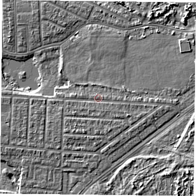Shaded relief map of the ground around PO36DY, computed from Environment Agency LiDAR. The ground here sits at about 4 m above sea level and falls 6 m across the surrounding 800 m. Surface water reaching this point runs off ground lying to the south, 0.9 m higher.