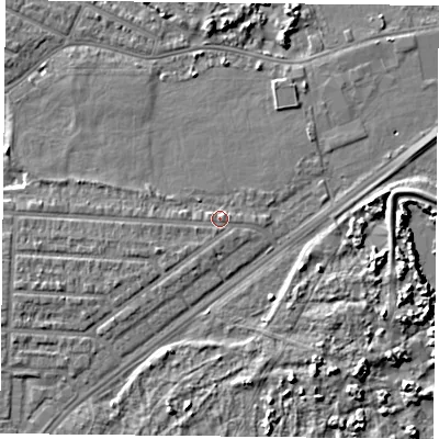 Shaded relief map of the ground around PO36DZ, computed from Environment Agency LiDAR. The ground here sits at about 4 m above sea level and falls 7 m across the surrounding 800 m. Surface water reaching this point runs off ground lying to the south-south-west, 0.6 m higher.