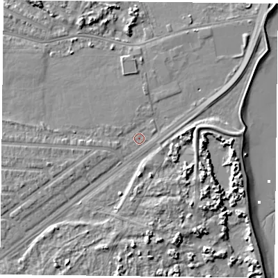 Shaded relief map of the ground around PO36EG, computed from Environment Agency LiDAR. The ground here sits at about 3 m above sea level and falls 8 m across the surrounding 800 m. Surface water reaching this point runs off ground lying to the south, 4.7 m higher.