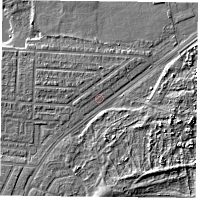 Shaded relief map of the ground around PO36EH, computed from Environment Agency LiDAR. The ground here sits at about 4 m above sea level and falls 7 m across the surrounding 800 m. Surface water reaching this point runs off ground lying to the west-north-west, 2.1 m higher.