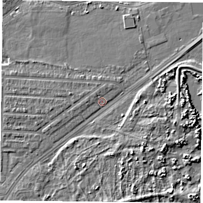 Shaded relief map of the ground around PO36EQ, computed from Environment Agency LiDAR. The ground here sits at about 4 m above sea level and falls 8 m across the surrounding 800 m. Surface water reaching this point runs off ground lying to the west, 2.1 m higher.