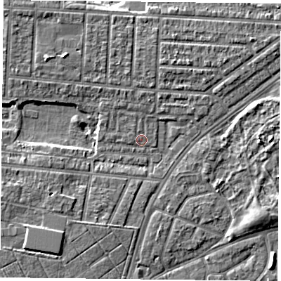 Shaded relief map of the ground around PO36FA, computed from Environment Agency LiDAR. The ground here sits at about 3 m above sea level and falls 6 m across the surrounding 800 m. Surface water reaching this point runs off ground lying to the north-west, 1.4 m higher.