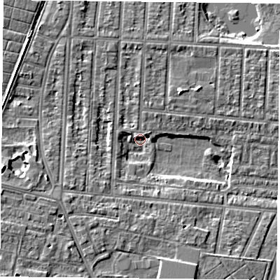Shaded relief map of the ground around PO36HS, computed from Environment Agency LiDAR. The ground here sits at about 2 m above sea level and falls 10 m across the surrounding 800 m. Surface water reaching this point runs off ground lying to the west-south-west, 5.4 m higher.