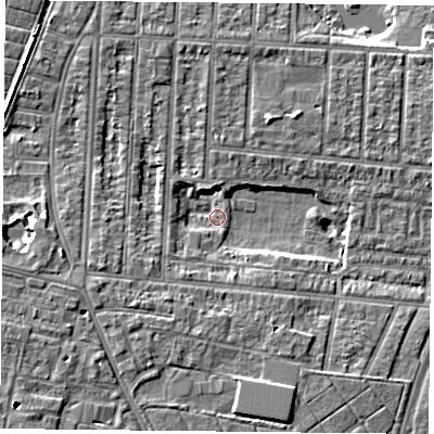 Shaded relief map of the ground around PO36HT, computed from Environment Agency LiDAR. The ground here sits at about 2 m above sea level and falls 7 m across the surrounding 800 m. Surface water reaching this point runs off ground lying to the south-west, 2.7 m higher.