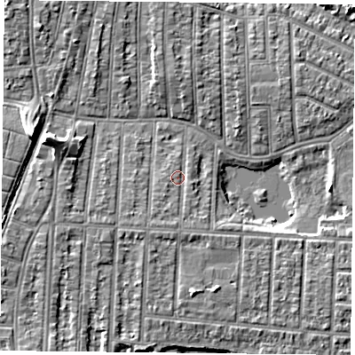 Shaded relief map of the ground around PO36HY, computed from Environment Agency LiDAR. The ground here sits at about 4 m above sea level and falls 9 m across the surrounding 800 m. Surface water reaching this point runs off ground lying to the south, 1.6 m higher.