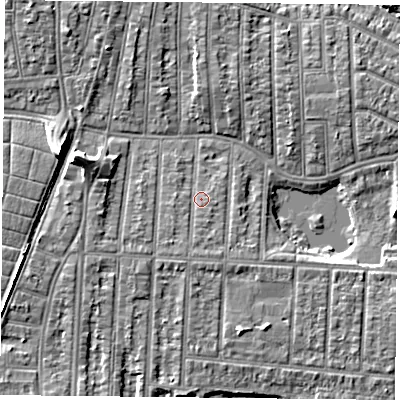 Shaded relief map of the ground around PO36HZ, computed from Environment Agency LiDAR. The ground here sits at about 4 m above sea level and falls 9 m across the surrounding 800 m. Surface water reaching this point runs off ground lying to the south-south-west, 1.6 m higher.