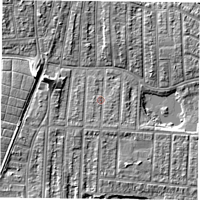 Shaded relief map of the ground around PO36JA, computed from Environment Agency LiDAR. The ground here sits at about 4 m above sea level and falls 9 m across the surrounding 800 m. Surface water reaching this point runs off ground lying to the south, 1.6 m higher.