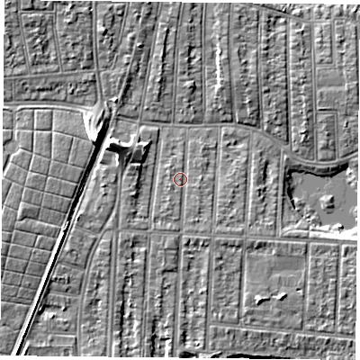 Shaded relief map of the ground around PO36JD, computed from Environment Agency LiDAR. The ground here sits at about 4 m above sea level and falls 9 m across the surrounding 800 m. Surface water reaching this point runs off ground lying to the south, 1.4 m higher.
