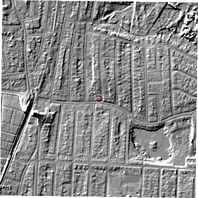 Shaded relief map of the ground around PO36JH, computed from Environment Agency LiDAR. The ground here sits at about 3 m above sea level and falls 9 m across the surrounding 800 m. Surface water reaching this point runs off ground lying to the west-south-west, 7.3 m higher.