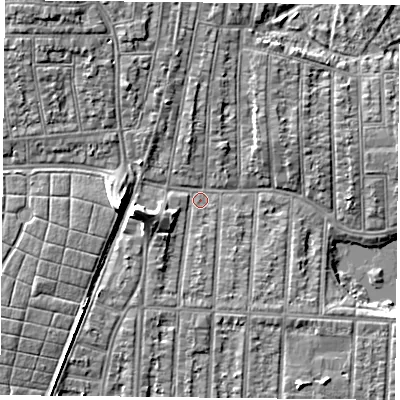 Shaded relief map of the ground around PO36JL, computed from Environment Agency LiDAR. The ground here sits at about 3 m above sea level and falls 9 m across the surrounding 800 m. Surface water reaching this point runs off ground lying to the west-south-west, 6.8 m higher.