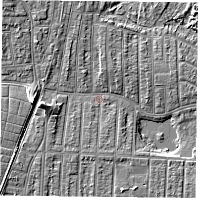 Shaded relief map of the ground around PO36JN, computed from Environment Agency LiDAR. The ground here sits at about 3 m above sea level and falls 9 m across the surrounding 800 m. Surface water reaching this point runs off ground lying to the west, 7.3 m higher.