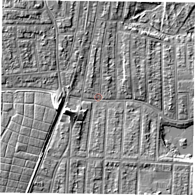 Shaded relief map of the ground around PO36JQ, computed from Environment Agency LiDAR. The ground here sits at about 3 m above sea level and falls 9 m across the surrounding 800 m. Surface water reaching this point runs off ground lying to the west-south-west, 6.9 m higher.