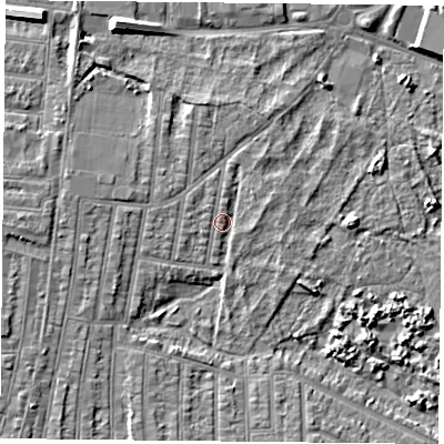 Shaded relief map of the ground around PO36LG, computed from Environment Agency LiDAR. The ground here sits at about 4 m above sea level and falls 8 m across the surrounding 800 m. Surface water reaching this point runs off ground lying to the north, 1.9 m higher.