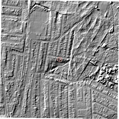 Shaded relief map of the ground around PO36LH, computed from Environment Agency LiDAR. The ground here sits at about 4 m above sea level and falls 6 m across the surrounding 800 m. Surface water reaching this point runs off ground lying to the west-north-west, 3.9 m higher.