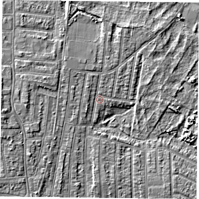 Shaded relief map of the ground around PO36LL, computed from Environment Agency LiDAR. The ground here sits at about 4 m above sea level and falls 6 m across the surrounding 800 m. Surface water reaching this point runs off ground lying to the west-north-west, 2.0 m higher.