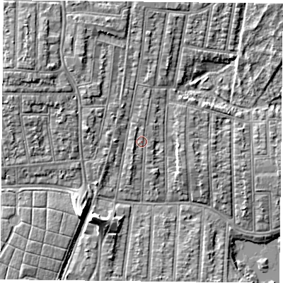 Shaded relief map of the ground around PO36LP, computed from Environment Agency LiDAR. The ground here sits at about 4 m above sea level and falls 9 m across the surrounding 800 m. Surface water reaching this point runs off ground lying to the north, 0.9 m higher.