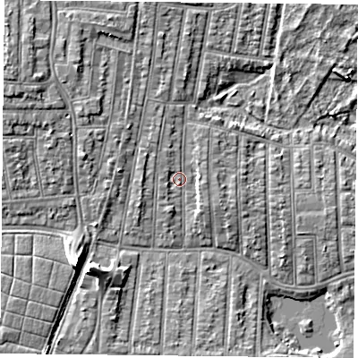 Shaded relief map of the ground around PO36LY, computed from Environment Agency LiDAR. The ground here sits at about 4 m above sea level and falls 9 m across the surrounding 800 m. Surface water reaching this point runs off ground lying to the north-north-west, 1.5 m higher.