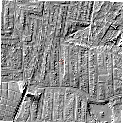 Shaded relief map of the ground around PO36LZ, computed from Environment Agency LiDAR. The ground here sits at about 4 m above sea level and falls 9 m across the surrounding 800 m. Surface water reaching this point runs off ground lying to the north-north-west, 1.4 m higher.
