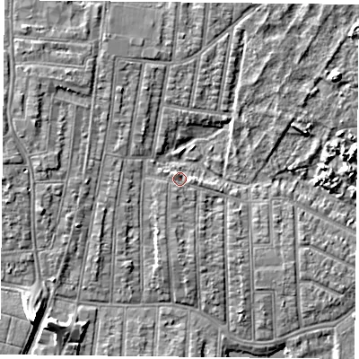 Shaded relief map of the ground around PO36NA, computed from Environment Agency LiDAR. The ground here sits at about 4 m above sea level and falls 9 m across the surrounding 800 m. Surface water reaching this point runs off ground lying to the south-south-west, 2.3 m higher.