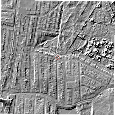 Shaded relief map of the ground around PO36NB, computed from Environment Agency LiDAR. The ground here sits at about 3 m above sea level and falls 8 m across the surrounding 800 m. Surface water reaching this point runs off ground lying to the south-west, 2.7 m higher.