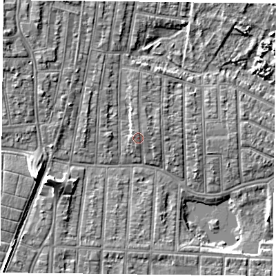 Shaded relief map of the ground around PO36ND, computed from Environment Agency LiDAR. The ground here sits at about 4 m above sea level and falls 9 m across the surrounding 800 m. Surface water reaching this point runs off ground lying to the north, 1.0 m higher.