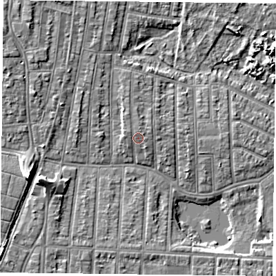 Shaded relief map of the ground around PO36NF, computed from Environment Agency LiDAR. The ground here sits at about 4 m above sea level and falls 9 m across the surrounding 800 m. Surface water reaching this point runs off ground lying to the north-east, 0.8 m higher.