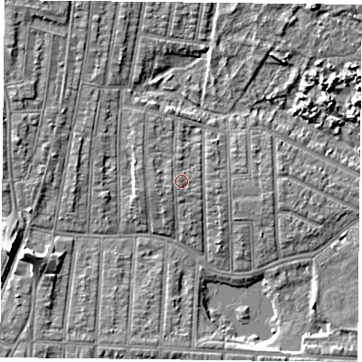 Shaded relief map of the ground around PO36NJ, computed from Environment Agency LiDAR. The ground here sits at about 4 m above sea level and falls 9 m across the surrounding 800 m. Surface water reaching this point runs off ground lying to the south-south-west, 0.9 m higher.