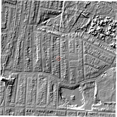 Shaded relief map of the ground around PO36NL, computed from Environment Agency LiDAR. The ground here sits at about 4 m above sea level and falls 9 m across the surrounding 800 m. Surface water reaching this point runs off ground lying to the west-south-west, 0.8 m higher.