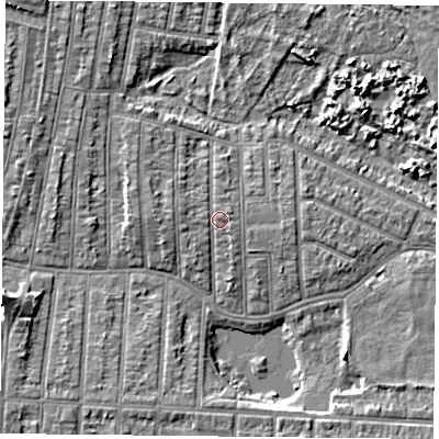 Shaded relief map of the ground around PO36NN, computed from Environment Agency LiDAR. The ground here sits at about 4 m above sea level and falls 7 m across the surrounding 800 m. Surface water reaching this point runs off ground lying to the west-south-west, 0.8 m higher.