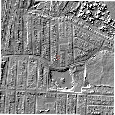 Shaded relief map of the ground around PO36NP, computed from Environment Agency LiDAR. The ground here sits at about 3 m above sea level and falls 5 m across the surrounding 800 m. Surface water reaching this point runs off ground lying to the north-north-west, 1.3 m higher.