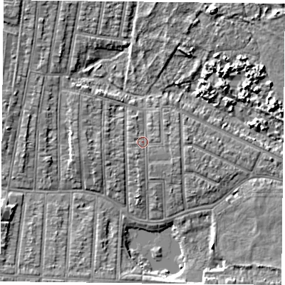 Shaded relief map of the ground around PO36NR, computed from Environment Agency LiDAR. The ground here sits at about 4 m above sea level and falls 5 m across the surrounding 800 m. Surface water reaching this point runs off ground lying to the east-south-east, 0.8 m higher.