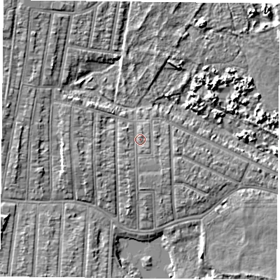 Shaded relief map of the ground around PO36NS, computed from Environment Agency LiDAR. The ground here sits at about 3 m above sea level and falls 5 m across the surrounding 800 m. Surface water reaching this point runs off ground lying to the south-east, 1.2 m higher.