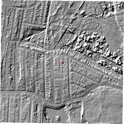 Shaded relief map of the ground around PO36NT, computed from Environment Agency LiDAR. The ground here sits at about 4 m above sea level and falls 5 m across the surrounding 800 m. Surface water reaching this point runs off ground lying to the south-south-east, 0.9 m higher.