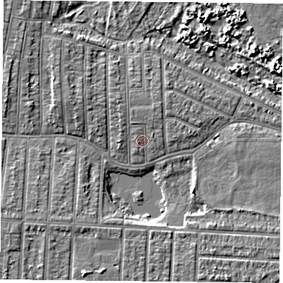 Shaded relief map of the ground around PO36NU, computed from Environment Agency LiDAR. The ground here sits at about 3 m above sea level and falls 5 m across the surrounding 800 m. Surface water reaching this point runs off ground lying to the north-north-west, 1.2 m higher.