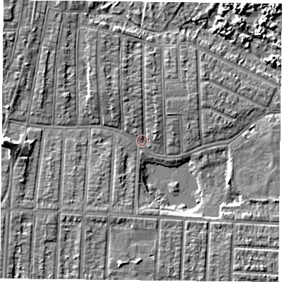 Shaded relief map of the ground around PO36PB, computed from Environment Agency LiDAR. The ground here sits at about 2 m above sea level and falls 9 m across the surrounding 800 m. Surface water reaching this point runs off ground lying to the west, 8.1 m higher.
