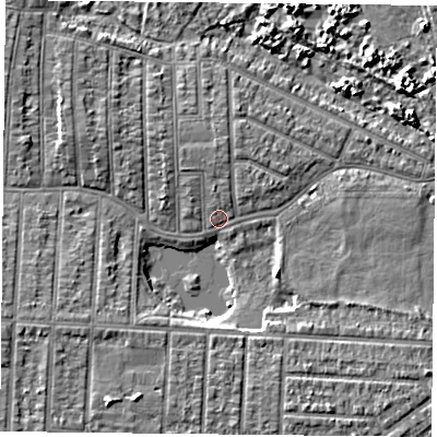 Shaded relief map of the ground around PO36PD, computed from Environment Agency LiDAR. The ground here sits at about 3 m above sea level and falls 5 m across the surrounding 800 m. Surface water reaching this point runs off ground lying to the west-south-west, 4.1 m higher.
