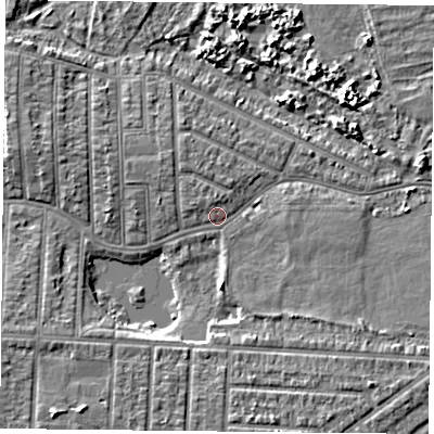 Shaded relief map of the ground around PO36PG, computed from Environment Agency LiDAR. The ground here sits at about 3 m above sea level and falls 5 m across the surrounding 800 m. Surface water reaching this point runs off ground lying to the west-south-west, 3.9 m higher.