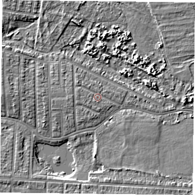 Shaded relief map of the ground around PO36PH, computed from Environment Agency LiDAR. The ground here sits at about 3 m above sea level and falls 5 m across the surrounding 800 m. Surface water reaching this point runs off ground lying to the west, 1.2 m higher.