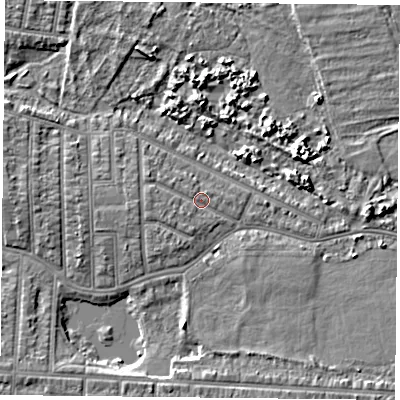 Shaded relief map of the ground around PO36PJ, computed from Environment Agency LiDAR. The ground here sits at about 3 m above sea level and falls 5 m across the surrounding 800 m. Surface water reaching this point runs off ground lying to the west, 1.3 m higher.